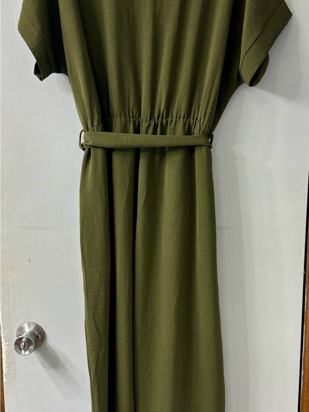 Olive Wrap Front Jumpsuit with Self-Tie Waist - Picture 4 of 5